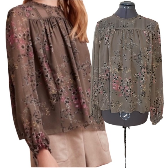 Wilfred Lourdes Floral Print Brown Grey Chiffon Blouse Size Medium - Picture 1 of 16